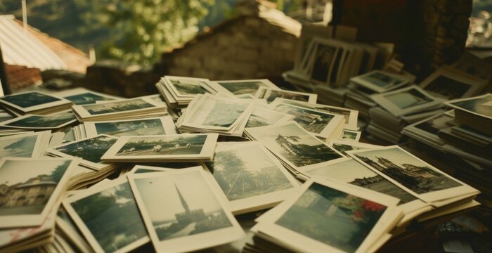 A series of polaroid photographs arranged on a table each one depicting a different location along a pilgrimage route. From bustling city streets to quiet countryside paths
