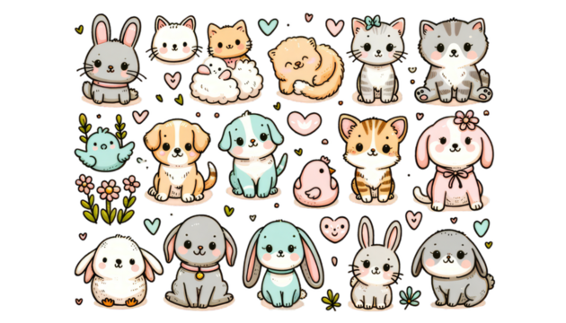 Collection of cute hand-drawn animal characters suitable for children's themes and educational materials - Powered by Adobe