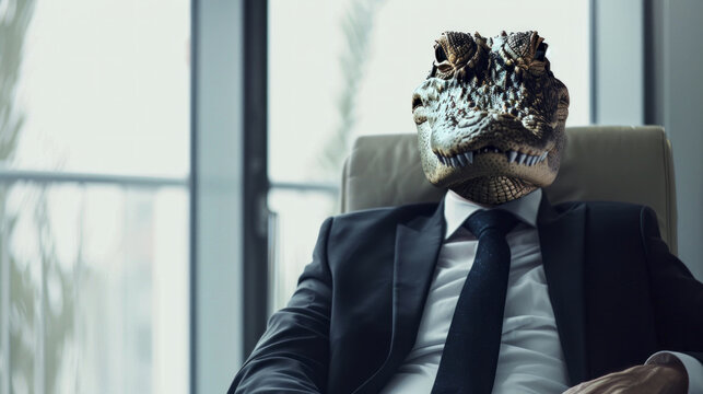 Vile, angry, heartless corporate manager depicted as crocodile or alligator in his office