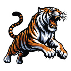 Wild roaring tiger full body vector illustration, zoology illustration, animal predator big cat design template isolated on white background