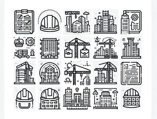 Collection of architectural blueprint icons perfect for construction and engineering design works