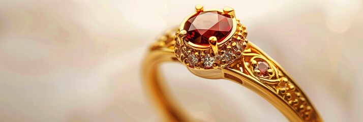 Beautiful golden ring with garnet or ruby gemstones on neutral beige background