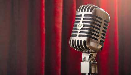 Fototapeta na wymiar vintage microphone on red stage background with copy space