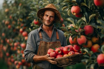 Farmer presents freshly picked bright red apples with the orchard visible in the background.