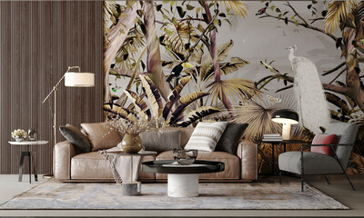 Living room design with hand painted tropical nature, white peacock, wood flooring, recessed lighting and ornamental plants - 3D rendering
