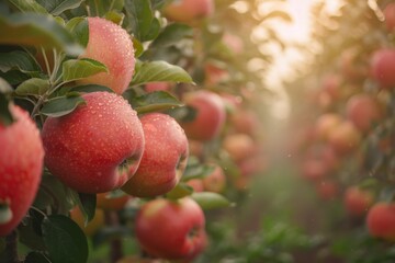 Rows of apple trees laden with bright red fruit, indicating peak harvest time in a well-maintained orchard.