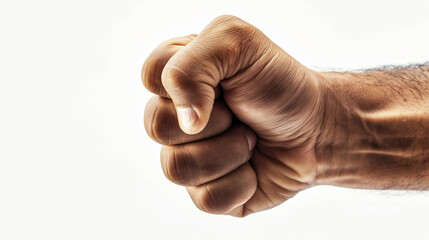 Males hand with a clenched fist isolated on white, horizontal, close up.