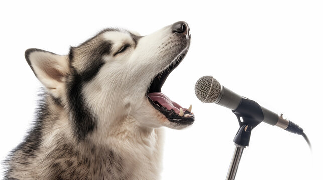 Devoted husky dog singer howling and singing to a microphone isolated on white background, funny animal portrait, singer, creative, karaoke, party and greeting cards.