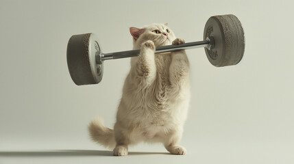 Funny and playful chubby overweight cat lifting a bar bell isolated on white background, concept of losing weight, fitness, work out.