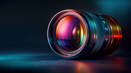 Fototapeta na wymiar Photo depicts digital projector film presentation. Projector shiny colorful glass lens closeup, macro view, black background.