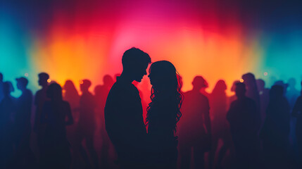 silhouette of a couple in party, night, disco