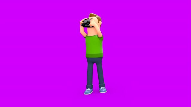 3D Animated Man Holding a Digital Camera and Taking Pictures in Different Angles