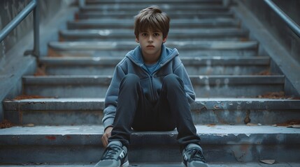 A young boy sitting on a set of steps in a gloomy scene