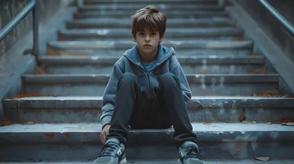 Foto op Canvas A young boy sitting on a set of steps in a gloomy scene © kiatipol