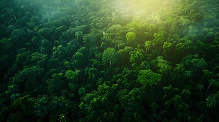 Aerial View of Lush Tropical Rainforest at Sunrise