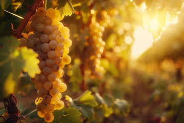 Fototapeten Cluster of red grapes basks in the sunlight and the warm glow of the vineyard behind. © P Stock