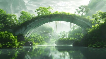 Bridge in Exotic Fantasy Landscape Red Green Jungle and Desert - obrazy, fototapety, plakaty