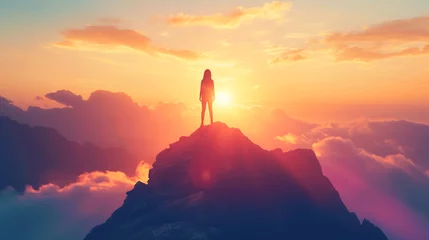 Photo sur Plexiglas Matin avec brouillard A woman on a mountaintop celebrates her triumph, in the spirit of adventure, against the backdrop of a stunning sunrise