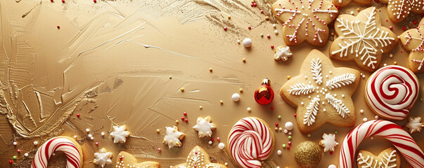 Festive cookies with gingerbread, icing, sprinkles and candy canes on gold background Top view space to copy.