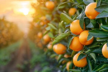 Golden rays of the setting sun illuminate a citrus orchard, casting a warm light over the ripe,...