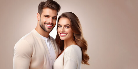 Banner of a guy and a girl in light clothes hugging on a simple light background. Portrait, a couple looks into the camera lens together. Emotions, youth, love and Valentine's Day. Copy space