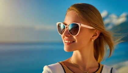 : portrait of beautiful blond woman in sunglasses on blue background. Carefree summer 