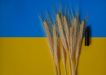 Spikelets. Ukrainian Flag Background. War. Cartridge Case. Firearms. Sowing. Harvesting. Copy Space. 