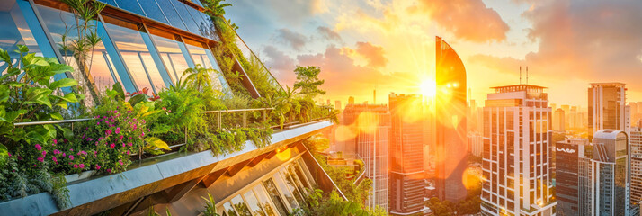 Lush greenery on buildings with a vivid sunset over city skyscrapers reflecting eco-progress