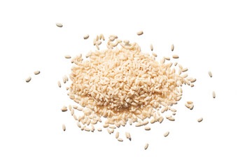 A top view of raw brown and white rice, forming a heap. The integral, uncooked grains highlight diverse Asian cuisine in this isolated pile.
