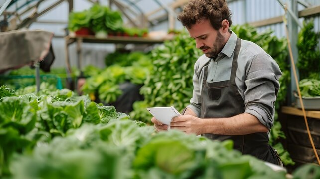 Farmer Checking Fresh Lettuce in Greenhouse with Digital Tablet