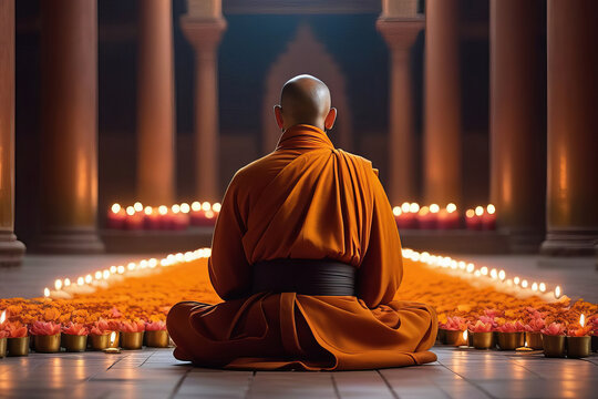 Buddhist monk praying in the temple, Tibet, Asia. view from back