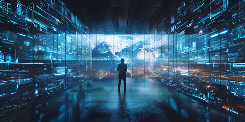Silhouette of a person in a futuristic data center with holographic displays and a cityscape backdrop - obrazy, fototapety, plakaty