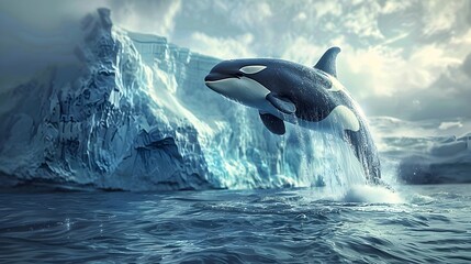 Killer Whales Leaping Over Icy Mountains in the Style of Vray Tracing