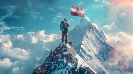 Man Standing on Mountain Peak Holding Nepalese Flag - obrazy, fototapety, plakaty