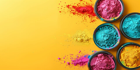 Happy holi.  Vibrant powder colors in pots scattered on a bright yellow background for a creative project concept
