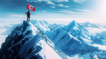 Man Pointing Canadian Flag on Mountain Peak - obrazy, fototapety, plakaty