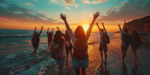Group of friends celebrating with raised hands on a sunset beach, expressing freedom and joy