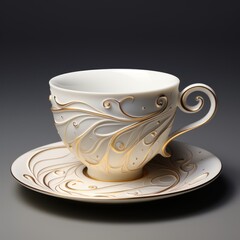 Royal cup with golden lines in wave patterns. Beautiful luxury cup with a saucer on a gray background. Concept 3d render of expensive cups with art. Gold decorated cups. Luxury tableware.
