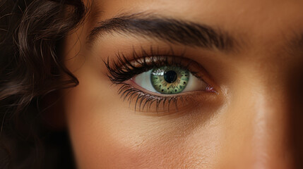 Macro shot of green eyes staring at the camera. Closeup of a beautiful female eye. Green colored girl's eyes stare. Perfect eye macro. Distinct pupils. - 748185925
