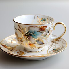 Beautiful luxury cup with a saucer on a white background. Concept 3d render of expensive cups with art. Gold decorated cups. Royal cup with golden lines in flower patterns.
