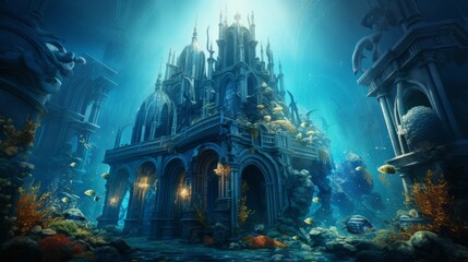 Concept art of a futuristic underwater city. The creative art of a future Ocean City. Fantasy underwater castle. Underwater megapolis.