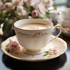 Royal cup with beautiful golden flower patterns. Beautiful luxury cup with a saucer on a table. Concept 3d render of expensive cups with art. Flower decorated cups. Luxury tableware.