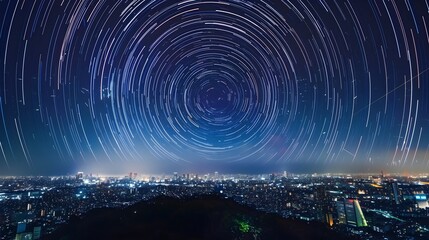 Fototapeta na wymiar Night City Skyline with Star Trails in the Style of Japanese Photography