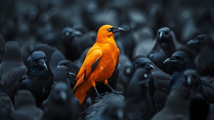Orange Bird Among Black Birds in Nature - obrazy, fototapety, plakaty