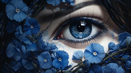 Closeup illustration of a blue eye with bright blue flowers. Macro art of a beautiful girl eye with blooming blue flowers. Sky color eyes staring at the camera. Perfect eyes macro. - 748185953