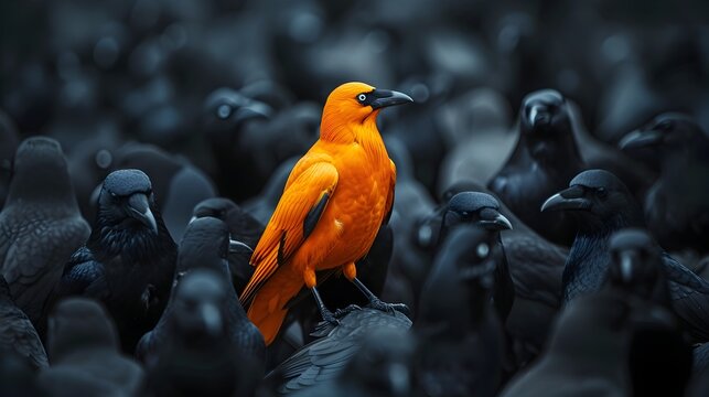 Orange Bird Among Black Birds in Nature