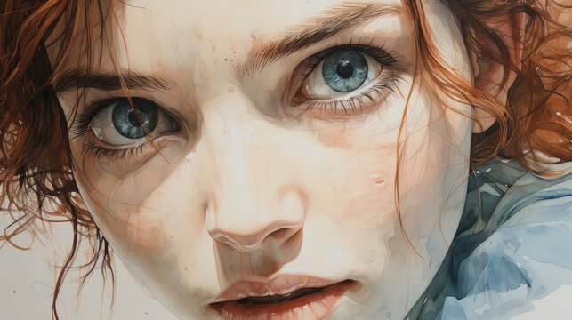 Closeup illustration of blue eyes staring. Macro art of beautiful girl eyes. Sky color eyes staring at the camera. Perfect eye macro painting. Distinct pupils.