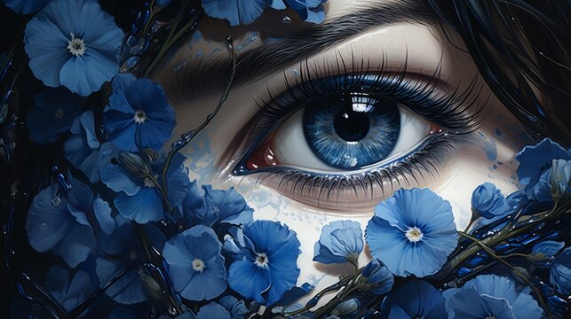 Closeup illustration of a blue eye with bright blue flowers. Macro art of a beautiful girl eye with blooming blue flowers. Sky color eyes staring at the camera. Perfect eyes macro.