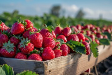Sunlight bathes a field of ripe strawberries, highlighting the lush green leaves and vibrant red berries in a rural farm setting.