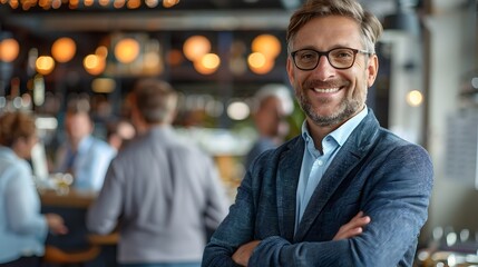 Smiling Businessman Relaxing at a Bar in Modern Art Style